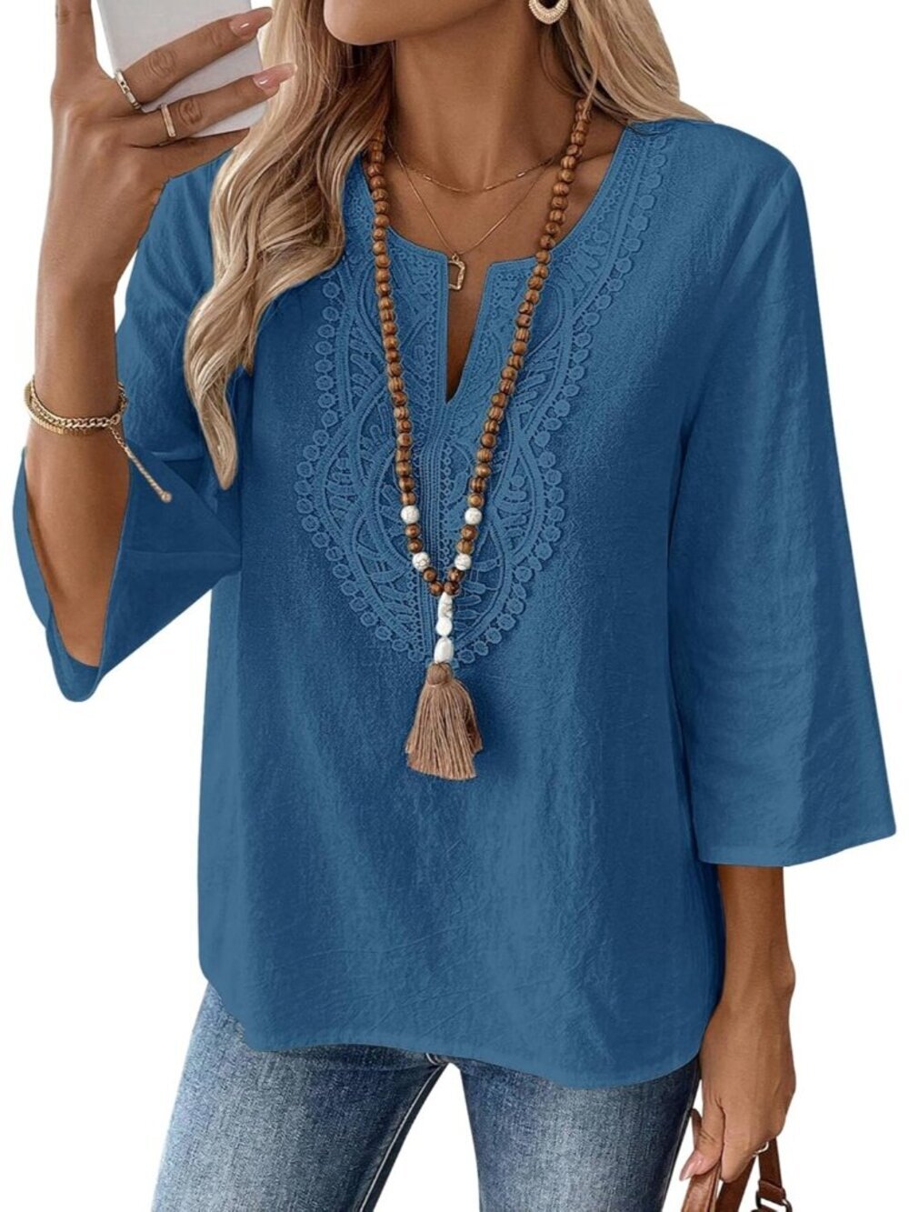 Women's Dark Blue V Neck Pull On Loose Fit Blouses Sleeve Top Cotton Linen Shirt
